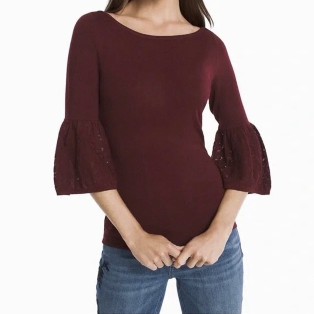 WHITE HOUSE BLACK MARKET Burgundy Knit Lace Bell Sleeves Sweater Size M